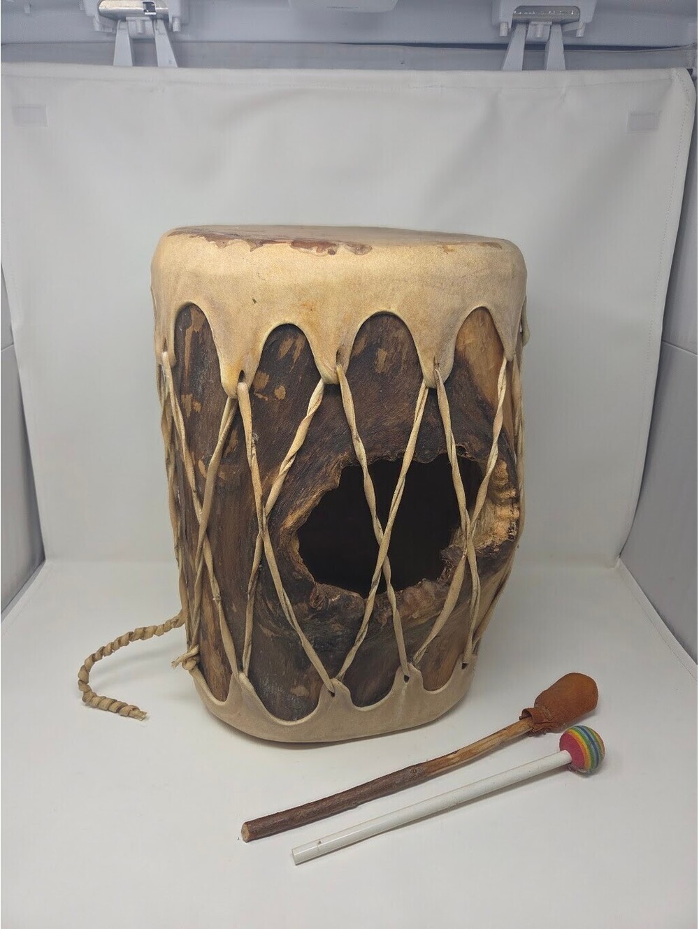 16.5" Antique Native American Carved Hollow Log Drum Rawhide Laced Wood Drum